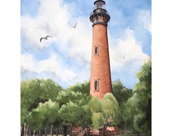 Tryck av fyren i Currituck Beach | Konst i Outer Banks, NC | Akvarell kustlandmärke | Fyren i North Carolina