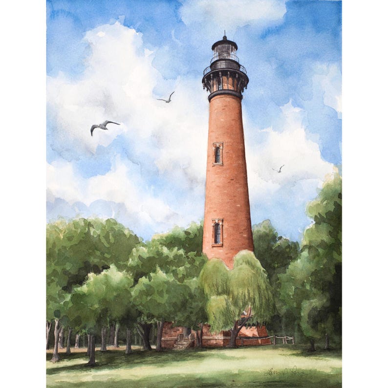 Currituck Beach Lighthouse Print | Outer Banks NC Art | Coastal Landmark Watercolor | North Carolina Lighthouse image 1