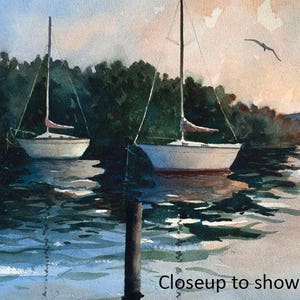 3 sizes Watercolor Print of Sailboats in a Harbor at Sunset, from a Painting by Laura Poss image 6