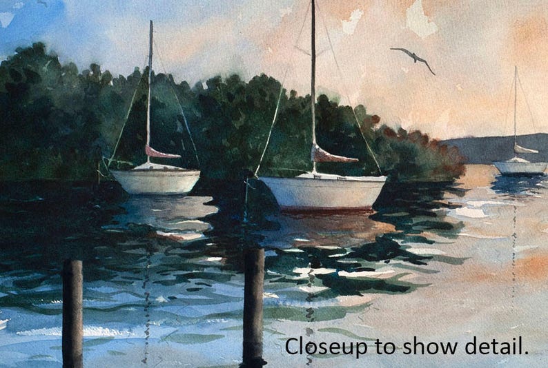 3 sizes Watercolor Print of Sailboats in a Harbor at Sunset, from a Painting by Laura Poss image 6