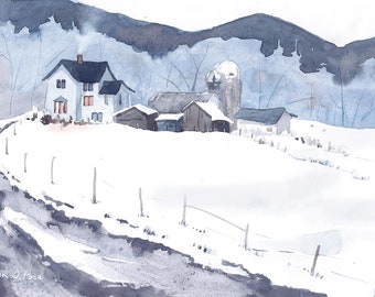 Original Watercolor, Winter Landscape Watercolor Painting // mountain house, cabin, deer