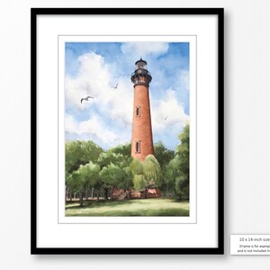 May include: Watercolor painting of a red brick lighthouse with a black roof and white trim. The lighthouse is surrounded by green trees and a blue sky with white clouds. There are birds flying in the sky.