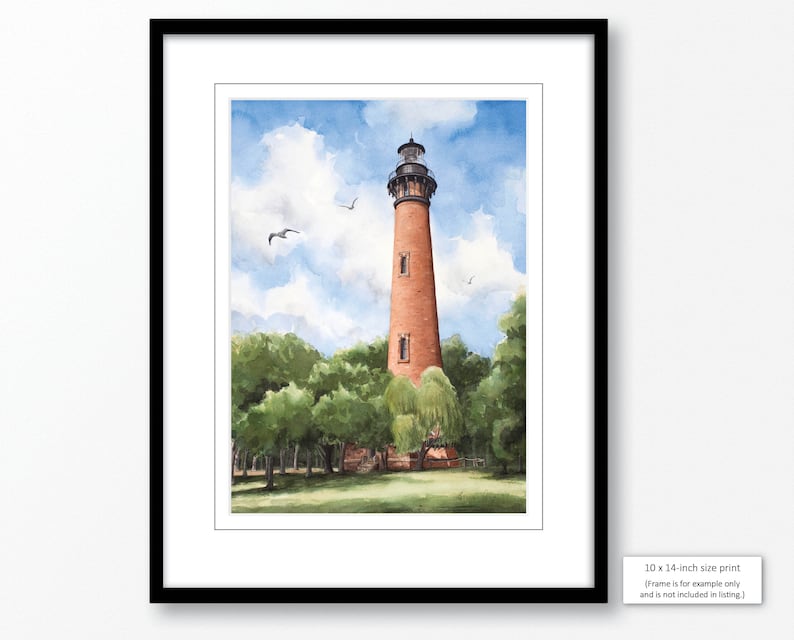 May include: Watercolor painting of a red brick lighthouse with a black roof and white trim. The lighthouse is surrounded by green trees and a blue sky with white clouds. There are birds flying in the sky.