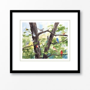 8x10 Watercolor Print of Backyard Songbirds, from a Painting by Laura Poss image 2