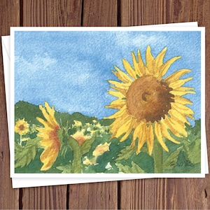 8 Watercolor Note Cards with Envelopes, Featuring a Watercolor of Sunflowers in a Field, by Laura Poss, Blank Inside // Handmade Cards image 1