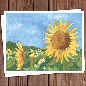 8 Watercolor Note Cards with Envelopes, Featuring a Watercolor of Sunflowers in a Field, by Laura Poss, Blank Inside // Handmade Cards