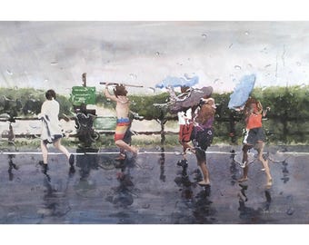 Hurricane Kids Watercolor Print | Beach Art | Coastal Storm Painting | Laura Poss Art