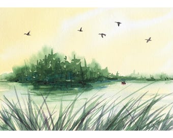 Dipinto ad acquerello originale del tramonto sul lago / Pescatore in canoa, oche, 5x7