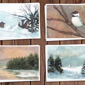 8 Aquarell Grußkarten mit Umschlägen mit vier verschiedenen winterlichen Aquarellen von Laura Poss, innen leer, handgefertigte Karten