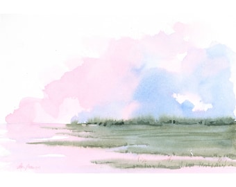 Egret in the Marsh, Original Watercolor Painting of a Coastal Landscape with Marsh Grass, Great Egret, and Pink and Blue Sky, by Laura Poss