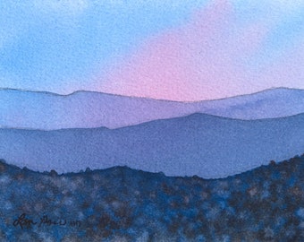 Blue Ridge Mountains at Sunset Original Watercolor Painting by Laura Poss // Tiny Art