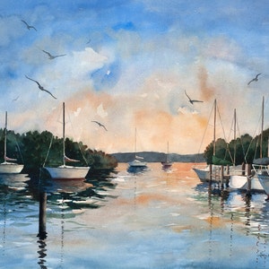 3 sizes Watercolor Print of Sailboats in a Harbor at Sunset, from a Painting by Laura Poss image 1