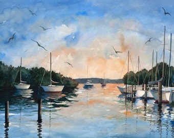 3 sizes- Watercolor Print of Sailboats in a Harbor at Sunset, from a Painting by Laura Poss