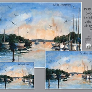 3 sizes Watercolor Print of Sailboats in a Harbor at Sunset, from a Painting by Laura Poss image 3