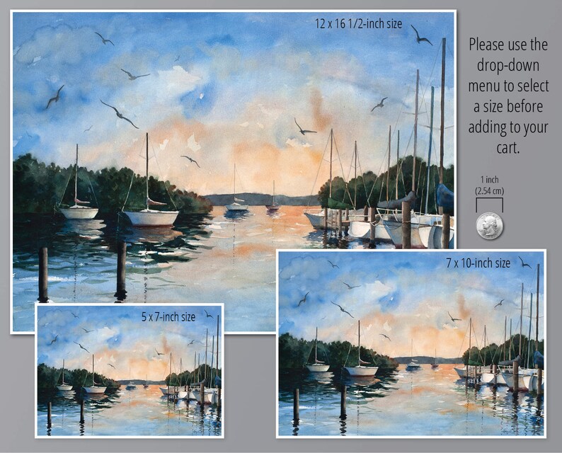 3 sizes Watercolor Print of Sailboats in a Harbor at Sunset, from a Painting by Laura Poss image 3