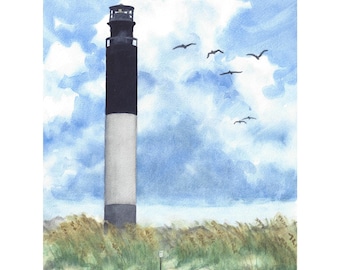 Oak Island Lighthouse Print | Southport NC Art | Coastal Watercolor | North Carolina Lighthouse