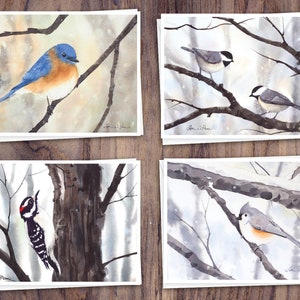 8 Aquarell Grußkarten mit Umschlägen, mit vier Wintervögeln von Laura D. Poss, innen leer, handgefertigte Karten Bild 1