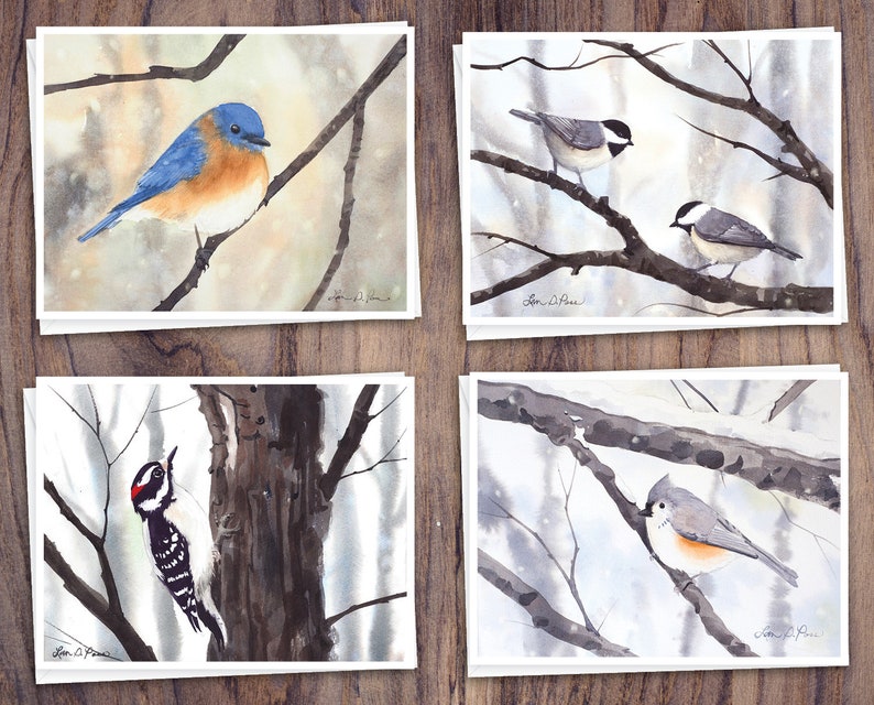 8 cartes de correspondance à l'aquarelle avec enveloppes, représentant quatre aquarelles d'oiseaux d'hiver par Laura D. Poss, vierges à l'intérieur // Cartes faites à la main image 1