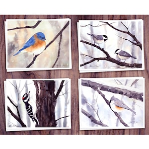8 Watercolor Note Cards | Handmade Cards with Assorted Winter Bird scenes, blank on the inside