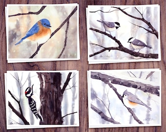 8 Watercolor Note Cards | Handmade Cards with Assorted Winter Bird scenes, blank on the inside