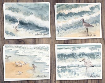 8 Watercolor Note Cards | Handmade Cards with Assorted Shorebirds Beach scenes, blank on the inside