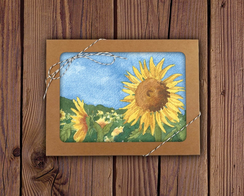 8 Watercolor Note Cards with Envelopes, Featuring a Watercolor of Sunflowers in a Field, by Laura Poss, Blank Inside // Handmade Cards image 2