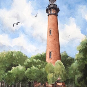 Currituck Beach Lighthouse Print | Outer Banks NC Art | Coastal Landmark Watercolor | North Carolina Lighthouse image 2