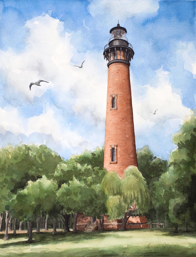 Currituck Beach Lighthouse Print | Outer Banks NC Art | Coastal Landmark Watercolor | North Carolina Lighthouse image 2
