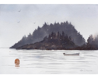 Misty Morning Maine | Original Watercolor Painting | New England Coastal Art | Laura Poss Art