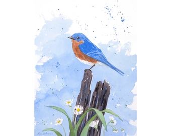 Original Bluebird Watercolor | Wildflower Bird Art | 9x12 Summer Nature Painting | Laura Poss Art