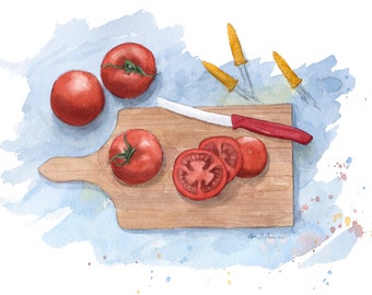 Original Watercolor Painting of Tomatoes- Art for the Kitchen // 8x10"