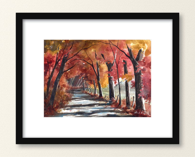 3 sizes Watercolor Print from a Landscape Painting of a Road and Fall Colors, by Laura Poss image 2