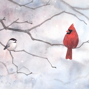 Male Cardinal & Chickadee Watercolor Print | Winter Bird Art | Backyard Birds | Laura Poss Art