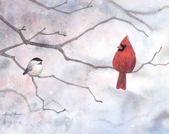 3 sizes- Watercolor Print of a Male Cardinal & Chickadee from a Painting by Laura Poss