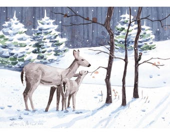 Winter Wildlife Original Watercolor Painting | Deer and Woodpecker Art, 7x5 Forest Scene