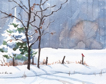 Original Watercolor Painting of a Landscape with Freshly Fallen Snow, a Frozen Creek, a Cardinal, and Wintry Trees // by Laura D Poss