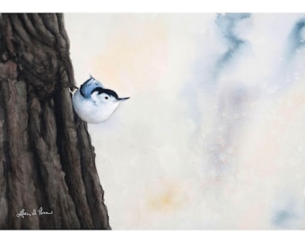 Boomkleverprint met witte borsten | Vogelkunst in de achtertuin | Natuurdecoratie | Laura Poss Art
