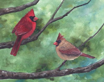 Male and Female Cardinal Print | Pair of Birds Art | Wildlife Decor | Laura Poss Art