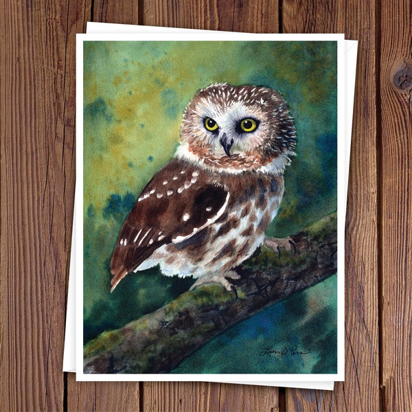 8 Watercolor Note Cards with Envelopes, Featuring a Watercolor Painting of a Northern Saw-whet Owl, Blank Inside // Handmade Cards