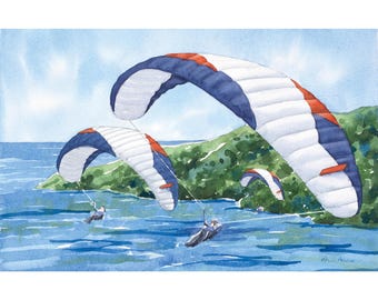 Original Paramotoring Watercolor | Coastal Sky Adventure | 11.5x7.5 Seascape Art | Laura Poss Art