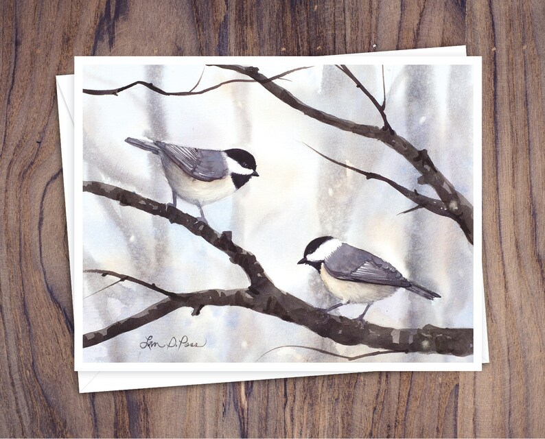 8 cartes de correspondance à l'aquarelle avec enveloppes, représentant quatre aquarelles d'oiseaux d'hiver par Laura D. Poss, vierges à l'intérieur // Cartes faites à la main image 3