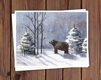 8 Watercolor Note Cards with Envelopes, Featuring a Winter Scene with a Bear and Cardinal, Blank Inside // Watercolor Art by Laura Poss