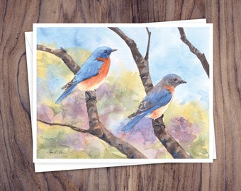 8 Watercolor Note Cards with Envelopes, Featuring a Watercolor Painting of a Pair of Eastern Bluebirds by Laura Poss, Blank Inside