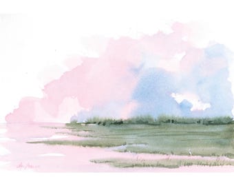 Original Egret Watercolor Painting | Coastal Marsh Landscape Art, 5x7