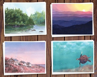 8 Watercolor Note Cards with Envelopes, Featuring Four Landscape and Seascape Watercolor Paintings by Laura D. Poss // Handmade Cards