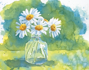 Original Daisy Watercolor Painting | Glass Bottle Floral Art, 8x10
