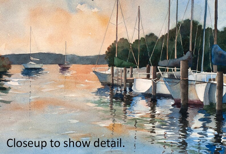 3 sizes Watercolor Print of Sailboats in a Harbor at Sunset, from a Painting by Laura Poss image 5