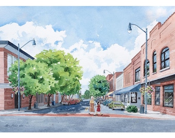 Small Town Landscape Original Watercolor Painting, 14 x 10", Asheboro North Carolina