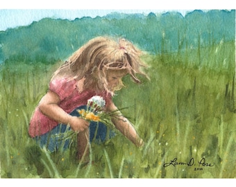 Child Picking Wildflowers Watercolor Print | 5x7 Giclée Art