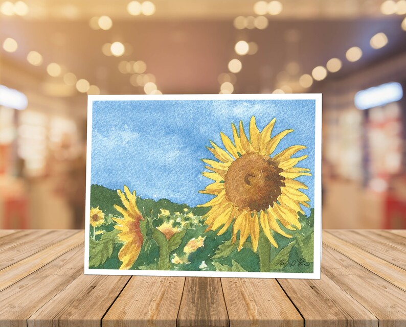 8 Watercolor Note Cards with Envelopes, Featuring a Watercolor of Sunflowers in a Field, by Laura Poss, Blank Inside // Handmade Cards image 3